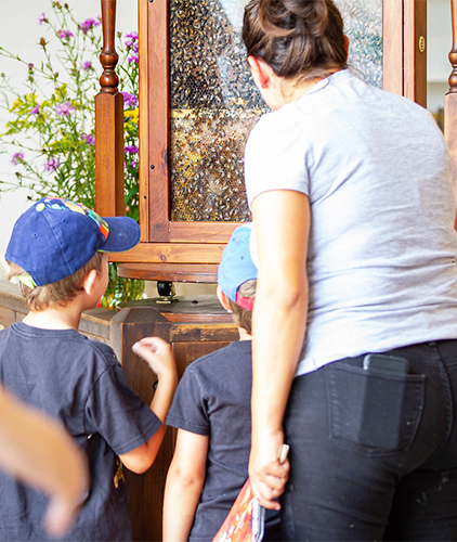 A family admires the Beehive exhibit.